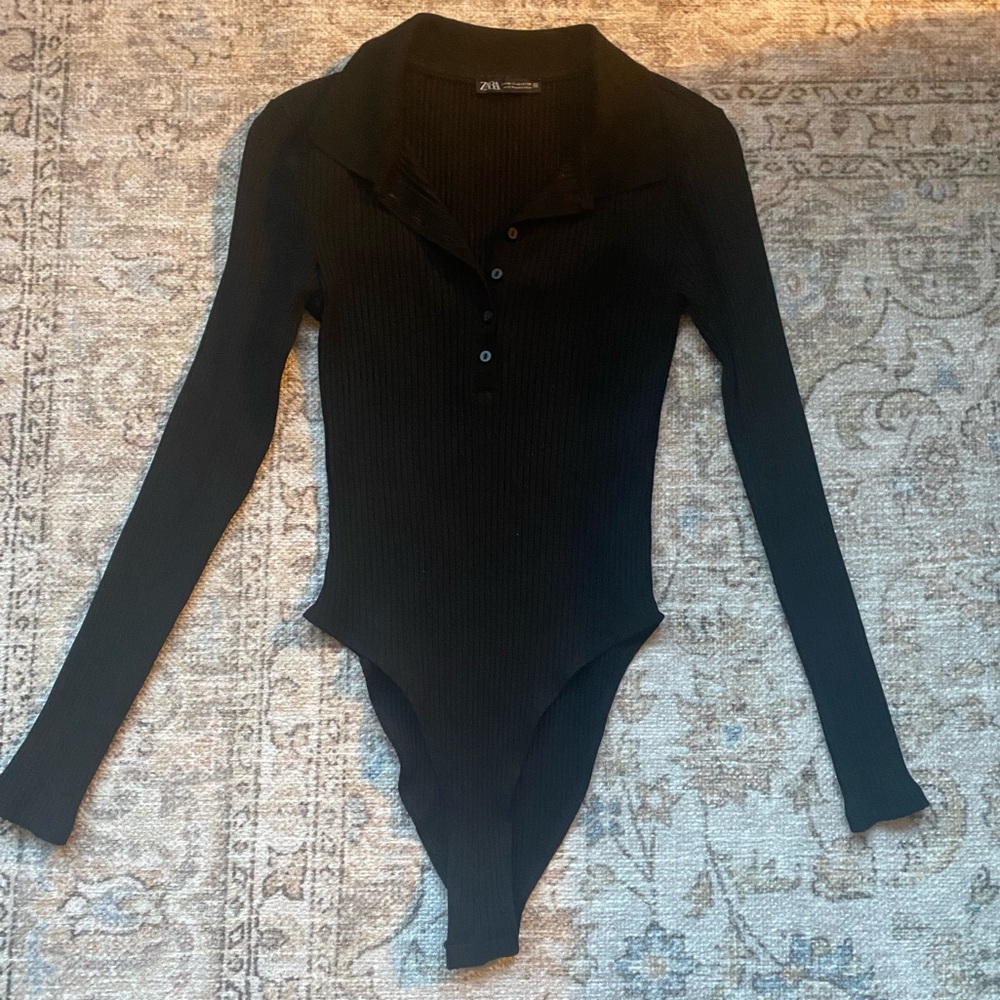 Zara Black Ribbed Long-Sleeve Polo-Style Bodysuit